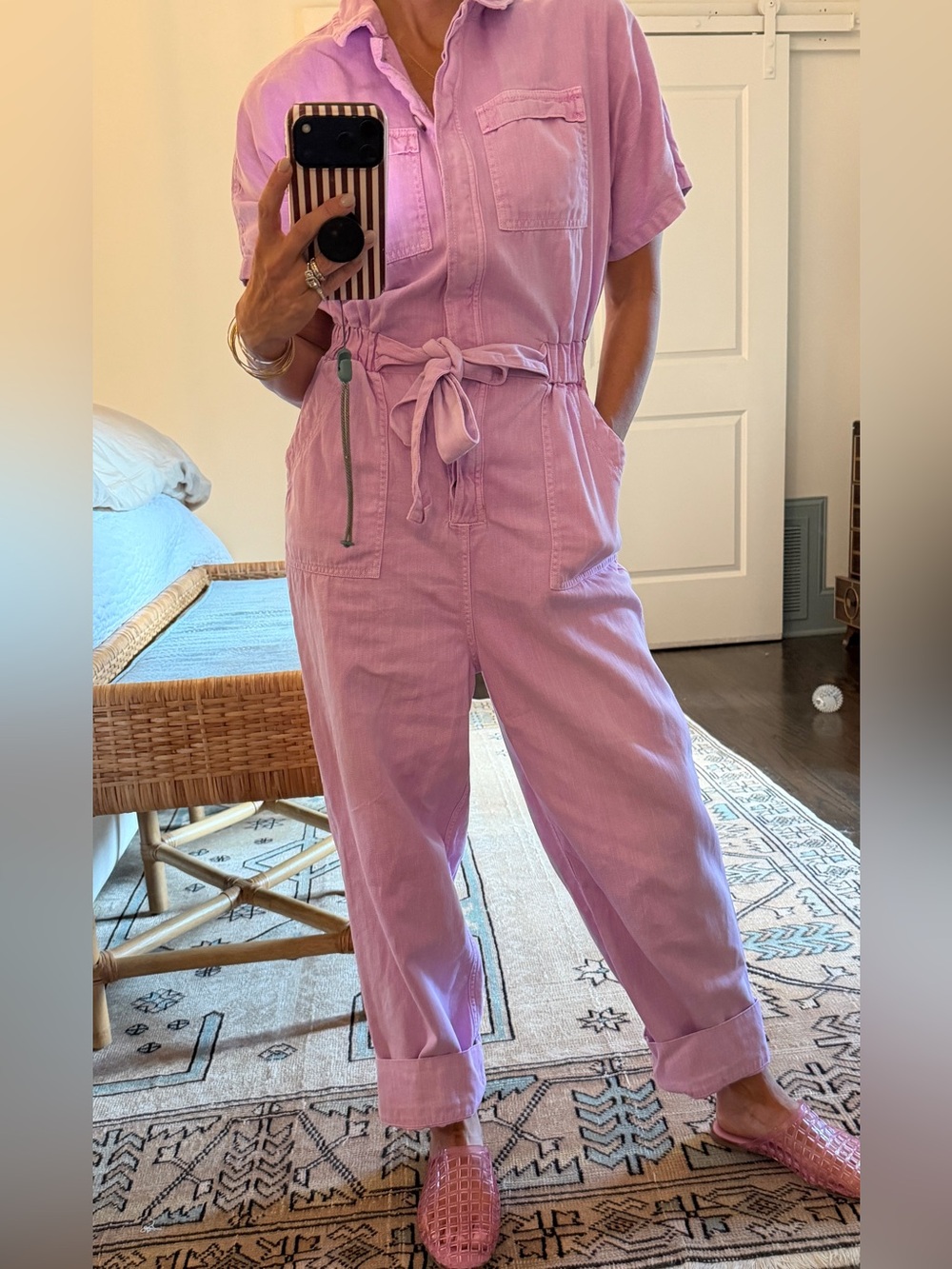 Universal Thread Lilac Short-Sleeve Utility Jumpsuit with Tie Waist